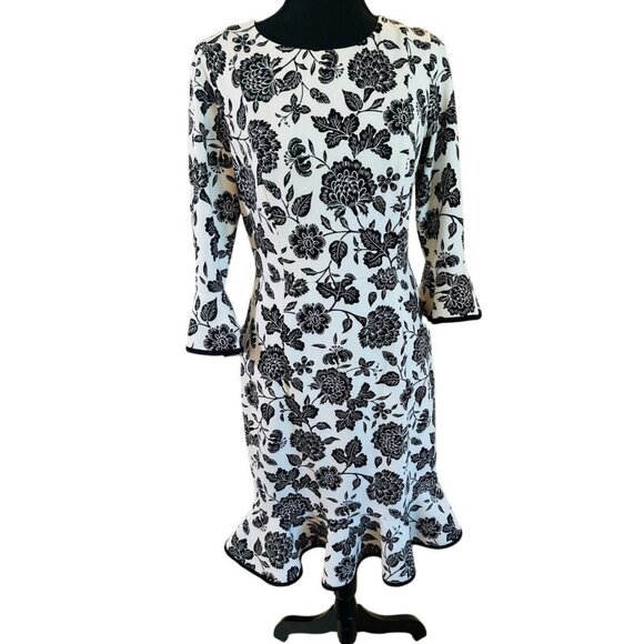 Nanette Lepore Black/White Floral Fit Flare Dress Bell Sleeve Peplum Hem SZ 4 - Picture 1 of 9